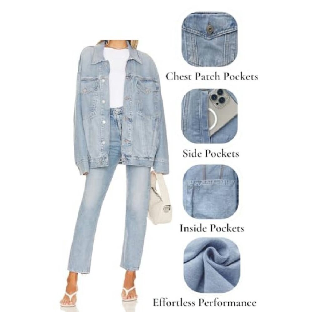Oversized Boyfriend Denim Jacket Vintage Washed Casual Loose Fit - Picture 7 of 7